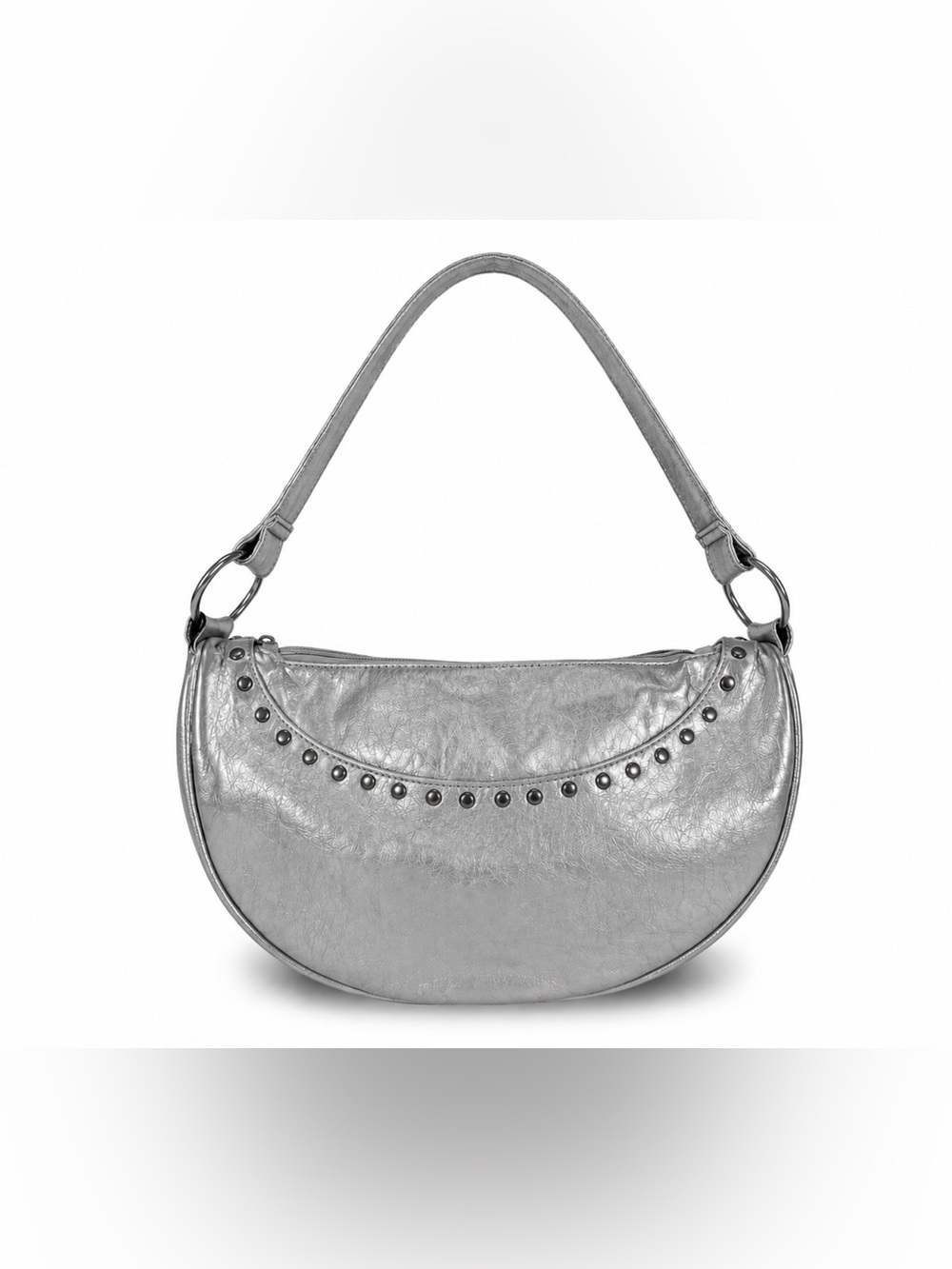 Silver Metallic Studded Half Moon Shoulder Bag‎ Faux Leather Crescent Purse 13”